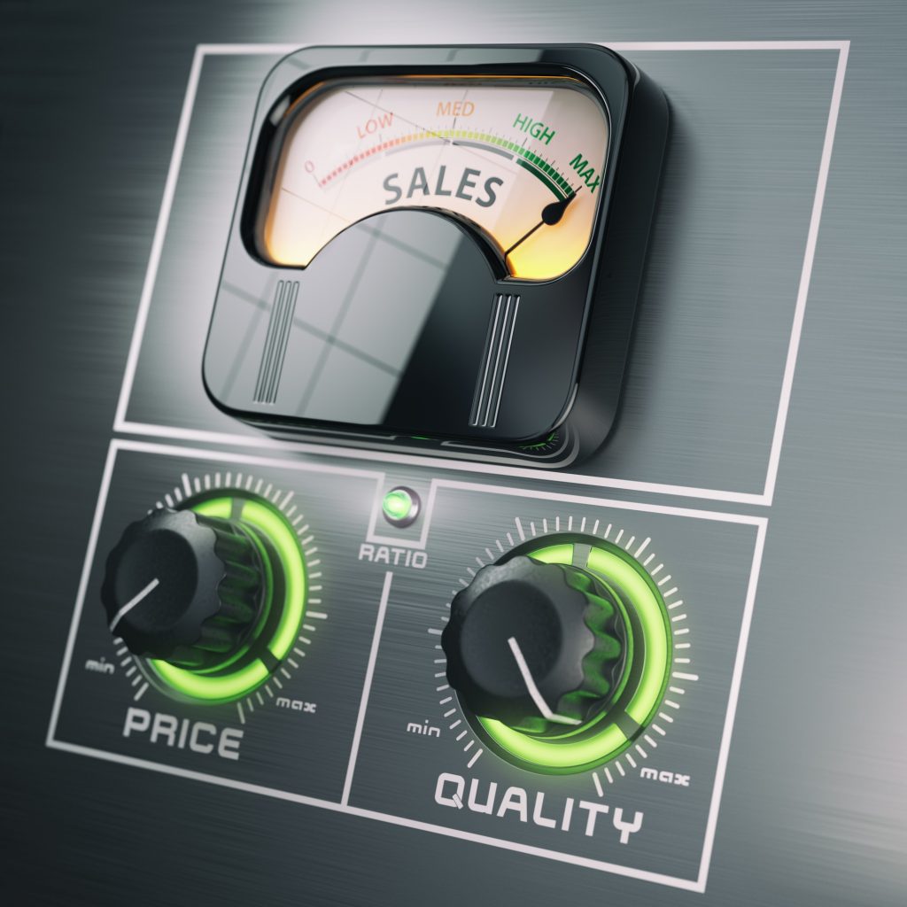 Sales price quality ratio control marketing concept. Maximum sal